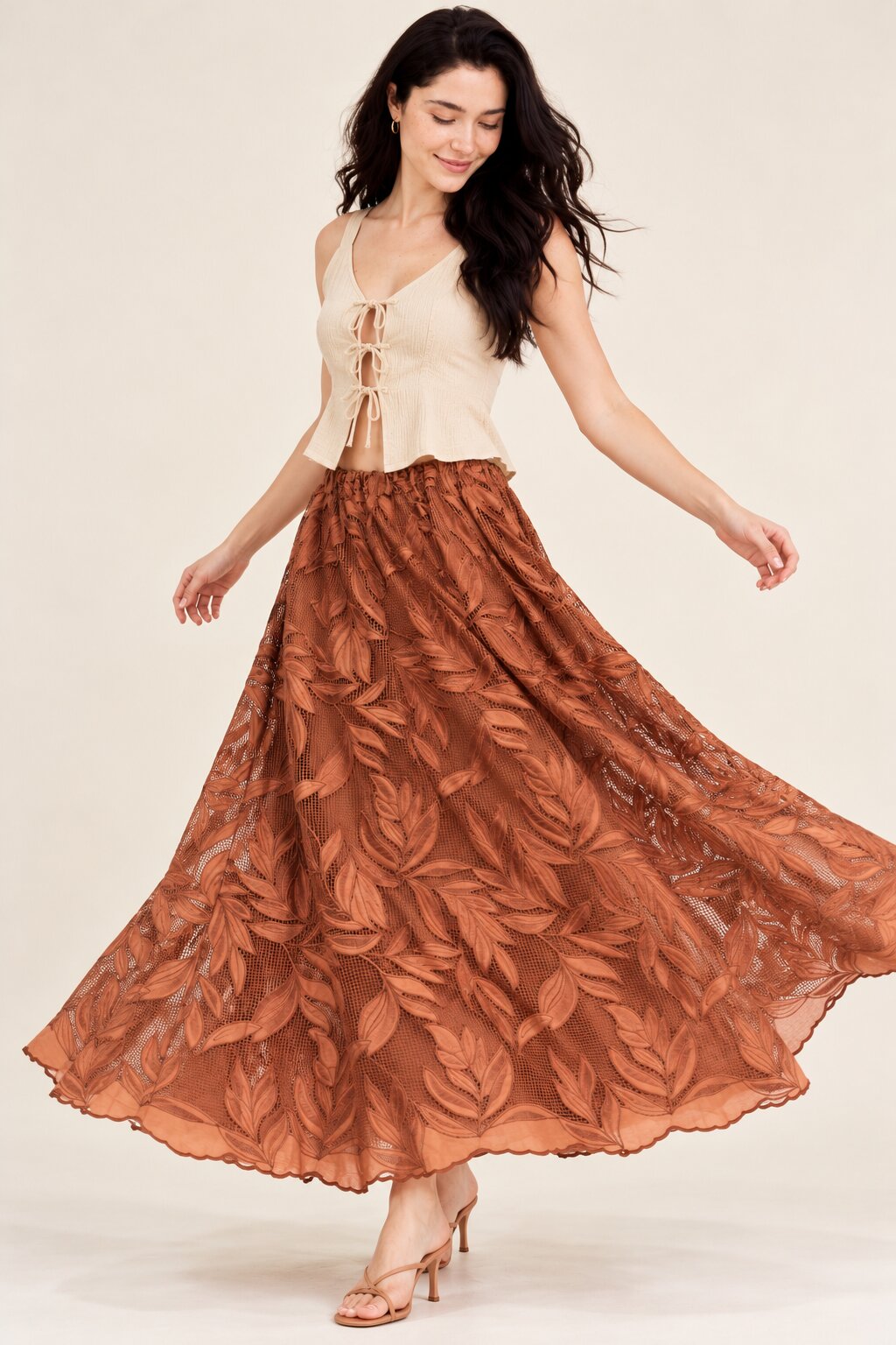 Rust Brown Leaf Embroidered Maxi Skirt