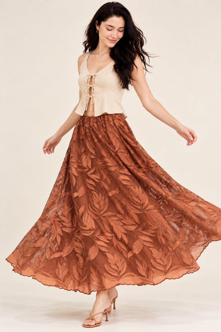 Rust Brown Leaf Embroidered Maxi Skirt