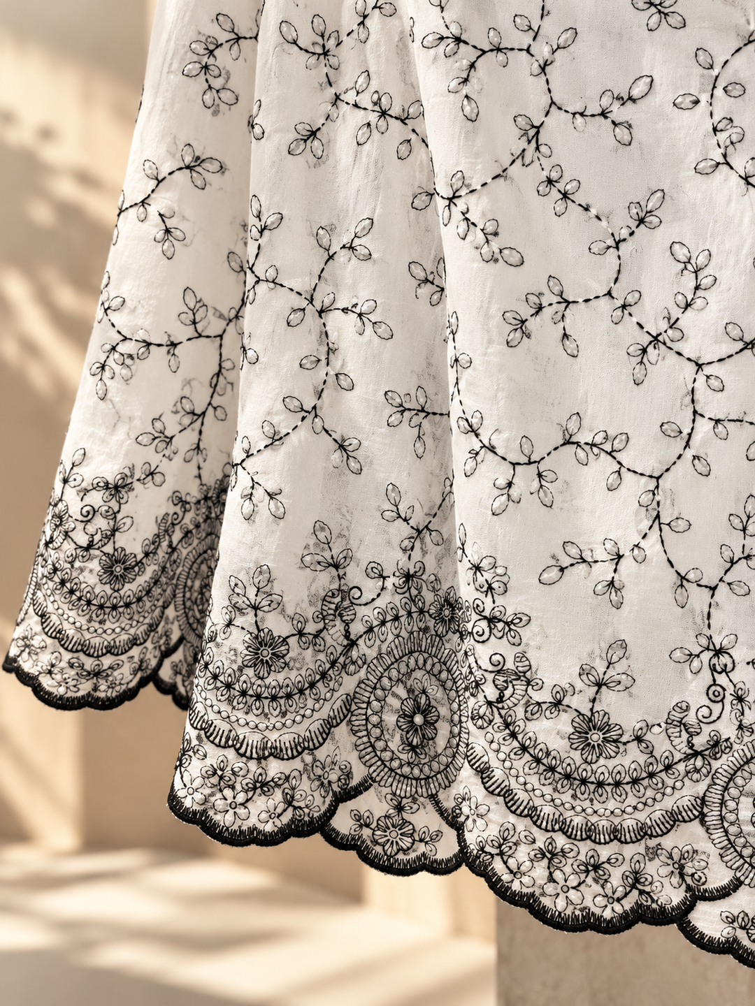 Ivory Black Embroidered Mandarin Collar Shirt