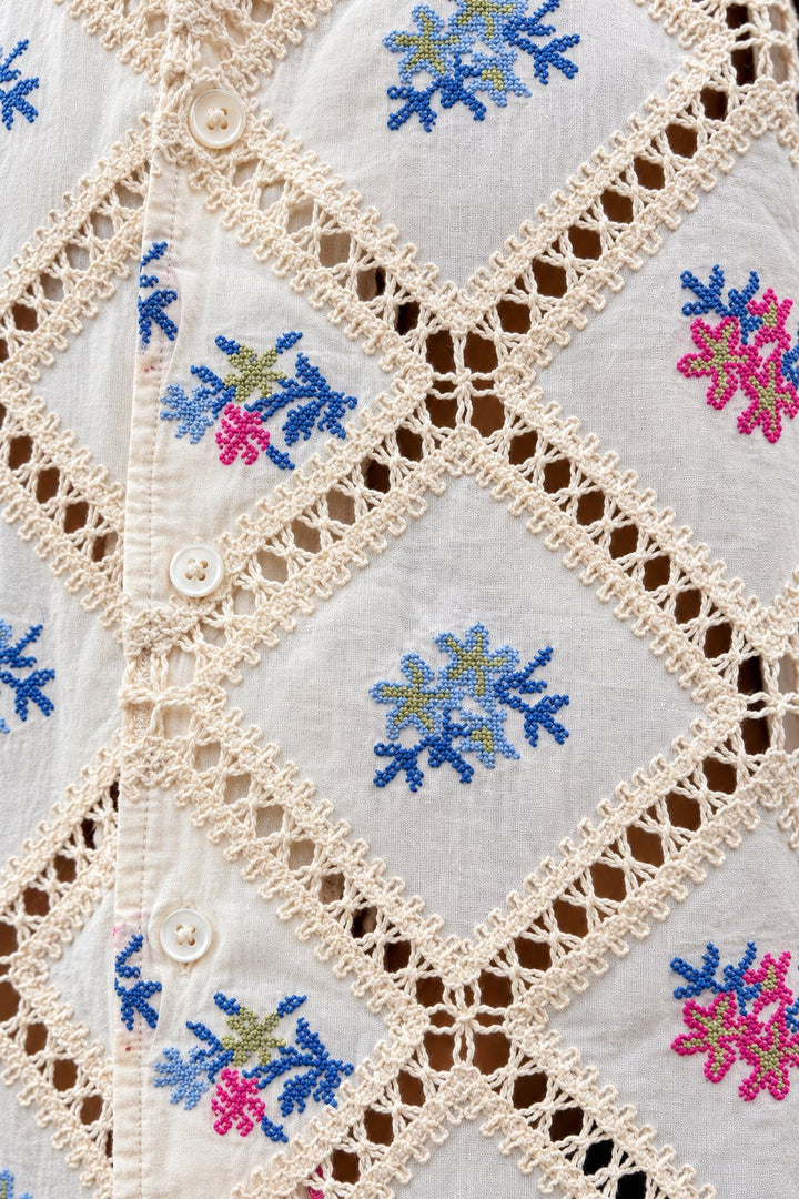 Ivory Floral Embroidered Crochet Shirt
