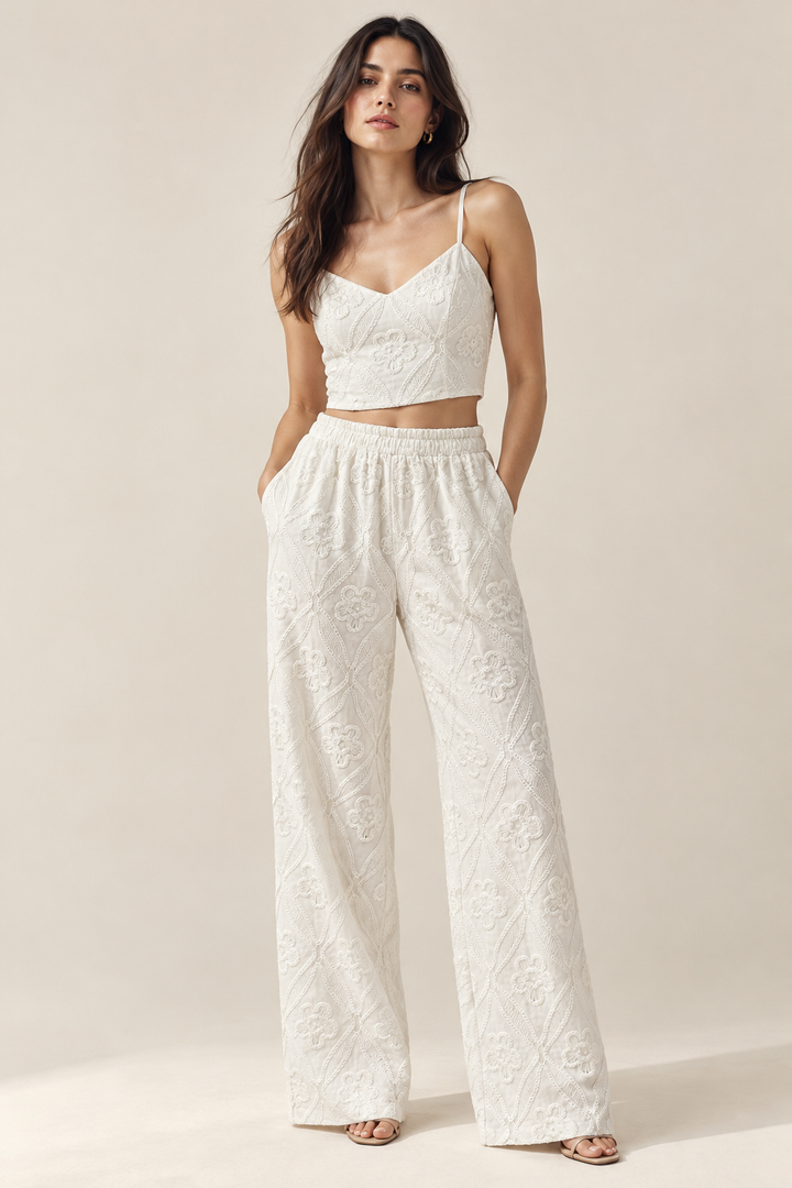 White Fleur Embroidered Camisole &amp; Wide-Leg Trouser Co-ord Set