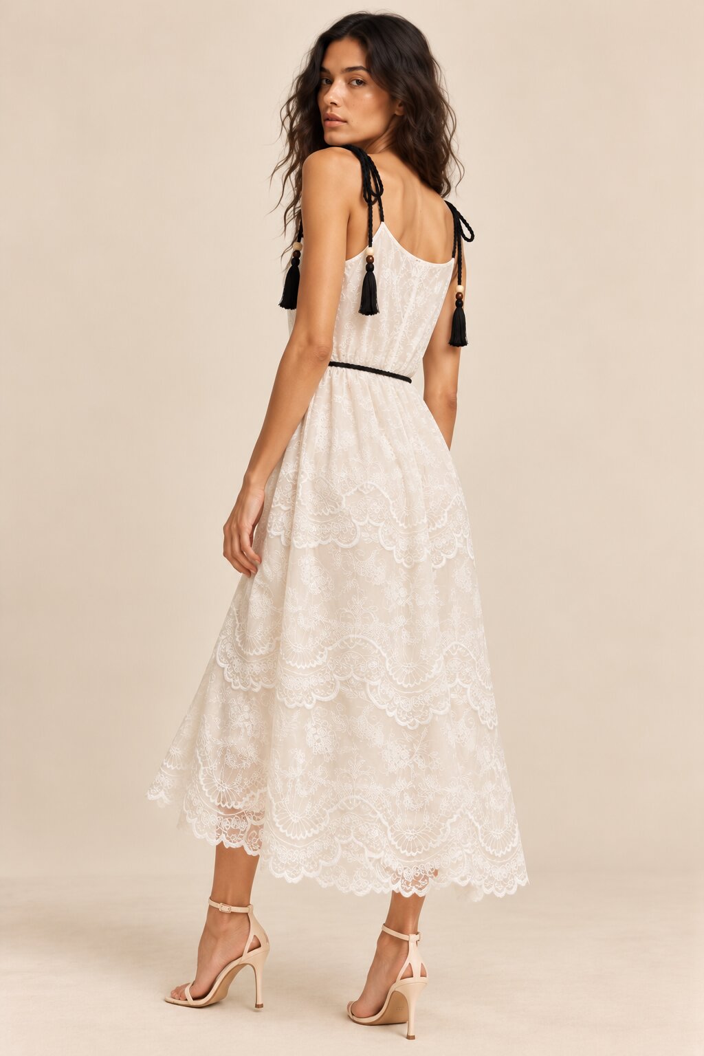 Ivory Embroidered Tassel Strap Midi Dress
