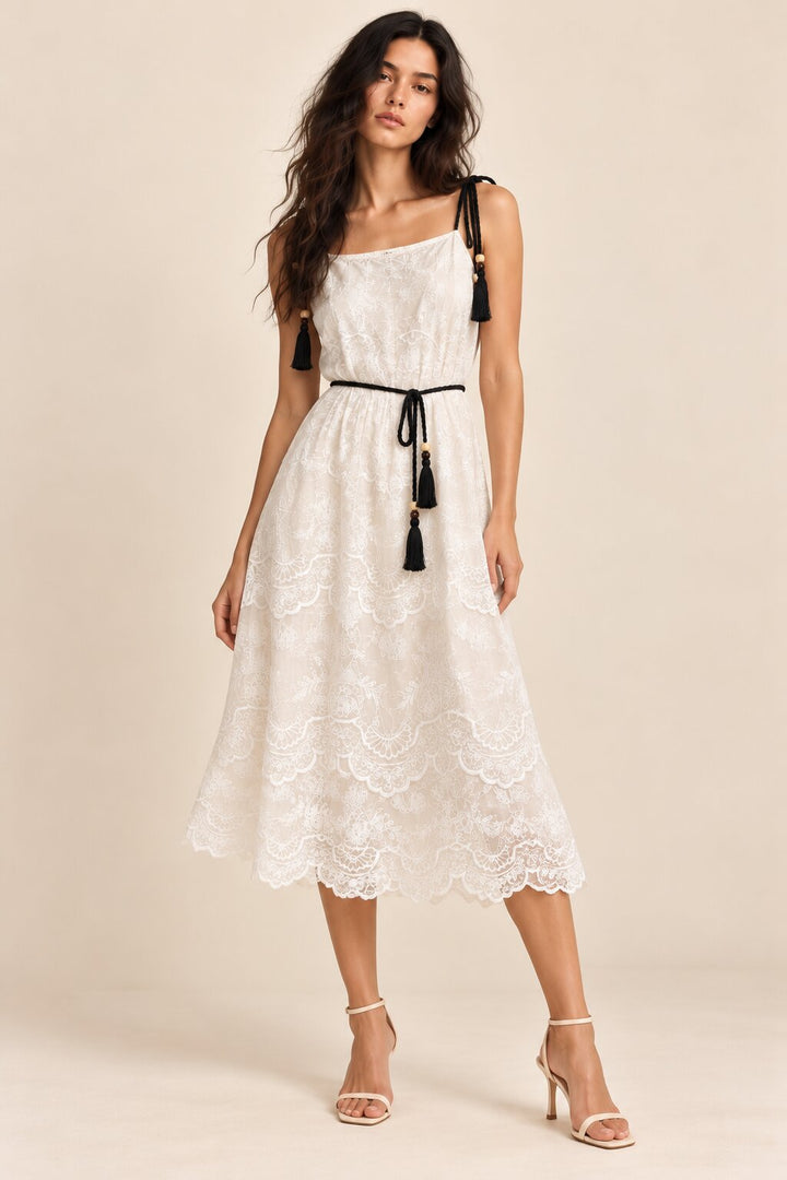 Ivory Embroidered Tassel Strap Midi Dress