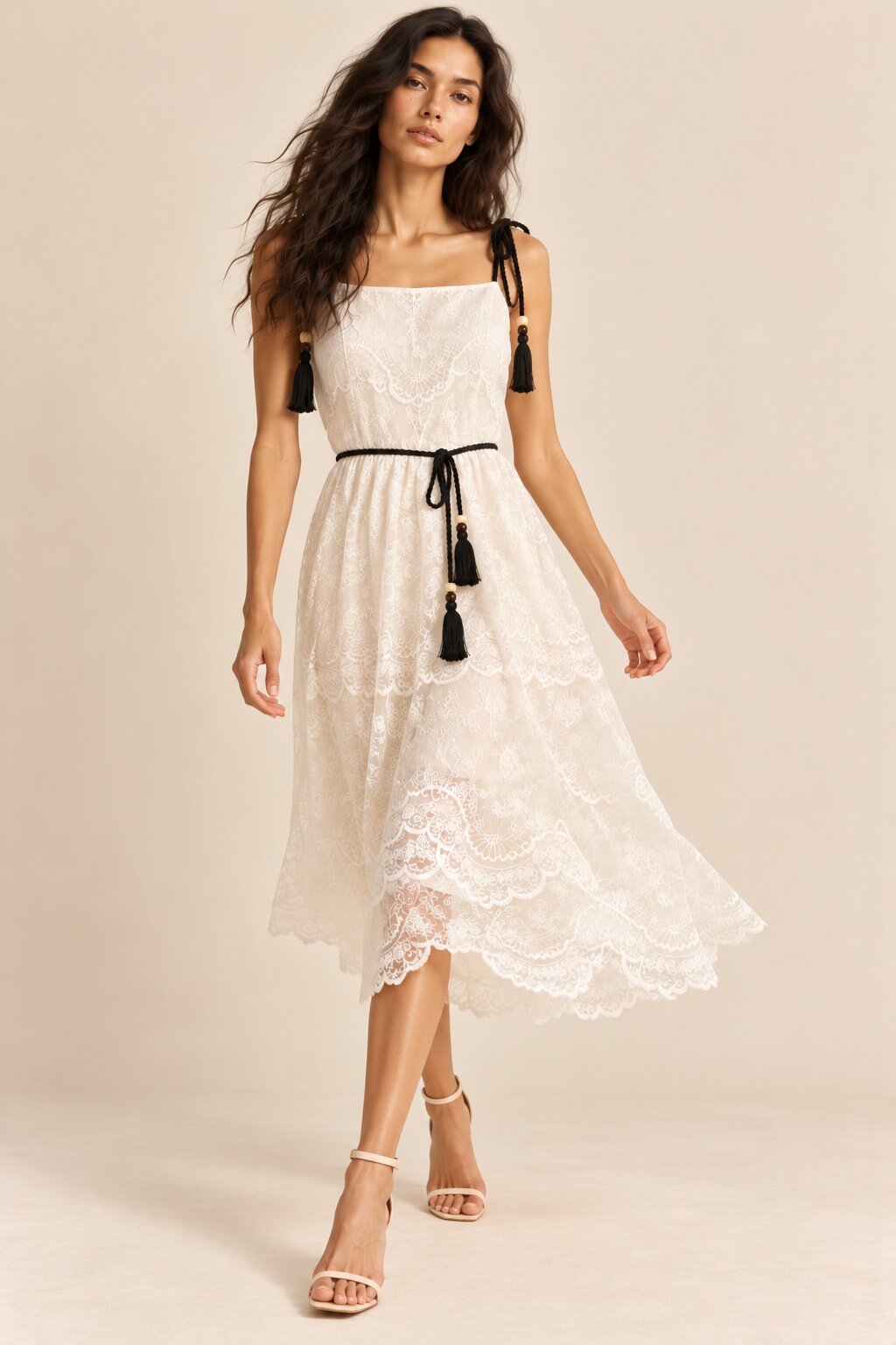 Ivory Embroidered Tassel Strap Midi Dress