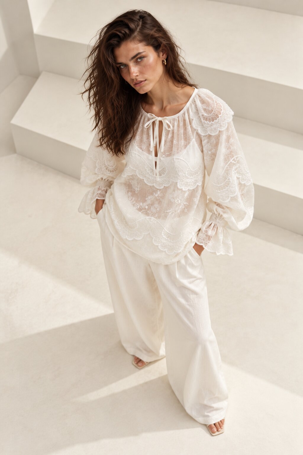 White Scalloped Floral Embroidered Sheer Blouse