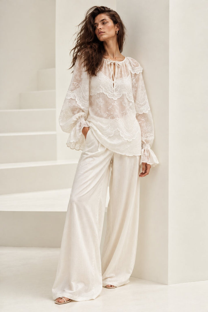 White Scalloped Floral Embroidered Sheer Blouse