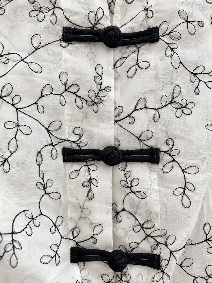 Ivory Black Embroidered Mandarin Collar Shirt