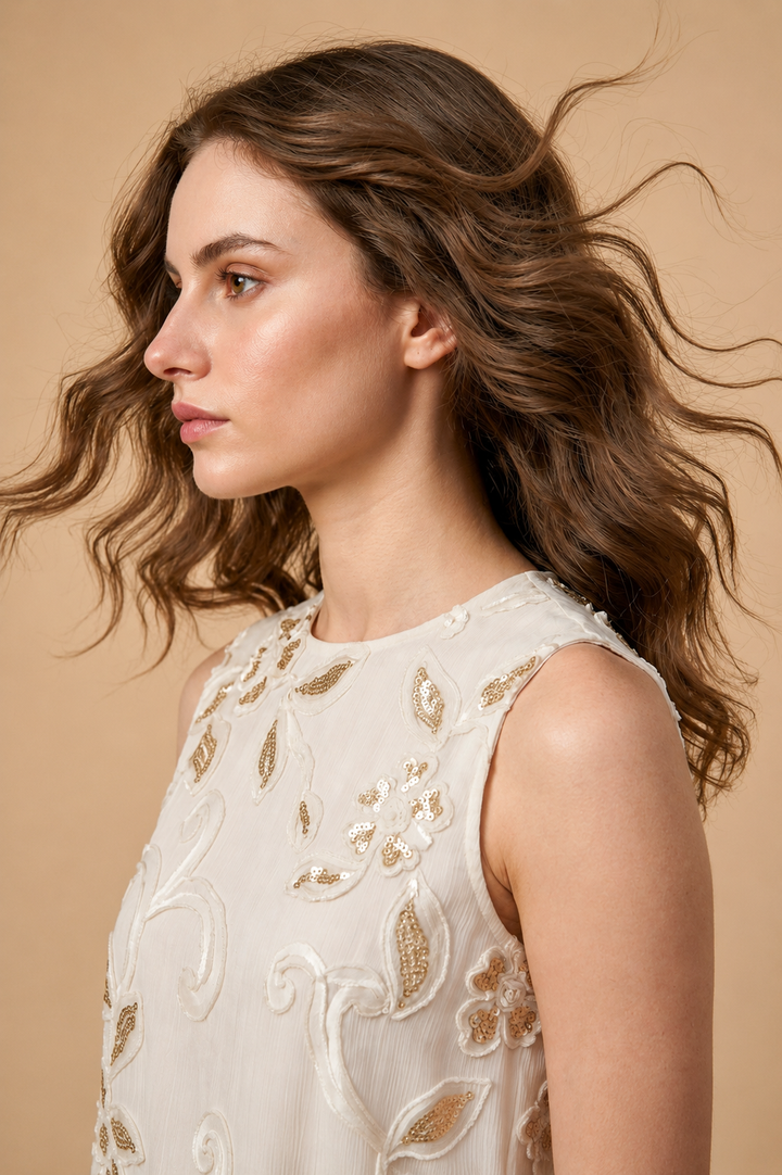 Ivory Petal Embroidered Balloon Top