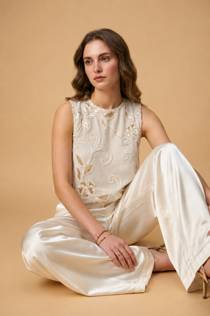 Ivory Petal Embroidered Balloon Top