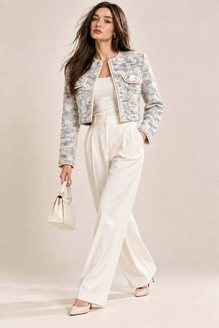 Blue &amp; White Textured Cropped Jacket
