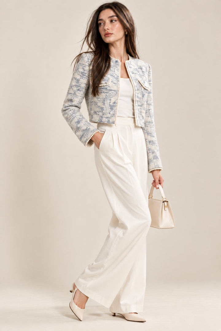 Blue &amp; White Textured Cropped Jacket