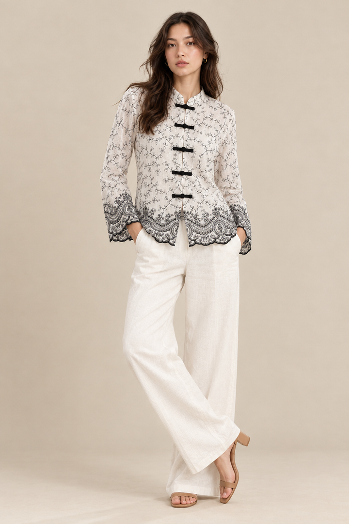 Ivory Black Embroidered Mandarin Collar Shirt