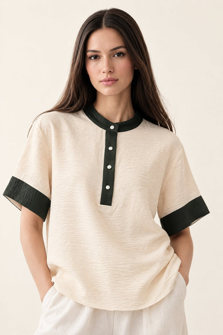 Ivory Relaxed Fit Top with Contrast Green Collar and Cuffs