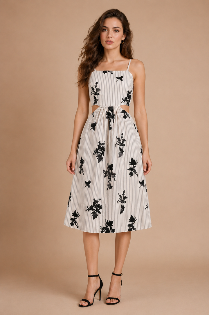 Lace-Up Back Striped Midi Dress