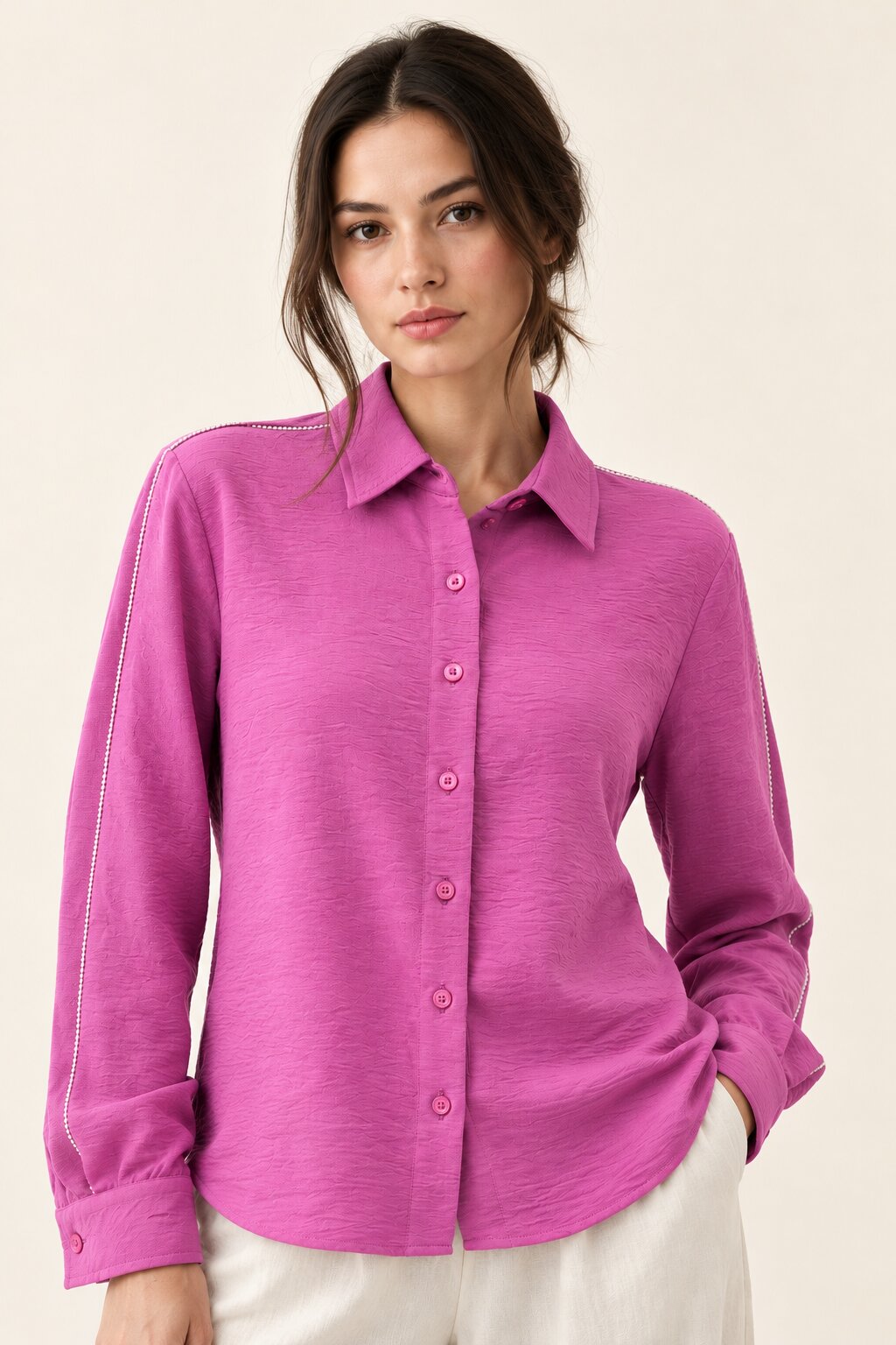 Orchid Purple Textured Shirt with White Embroidered Detailing
