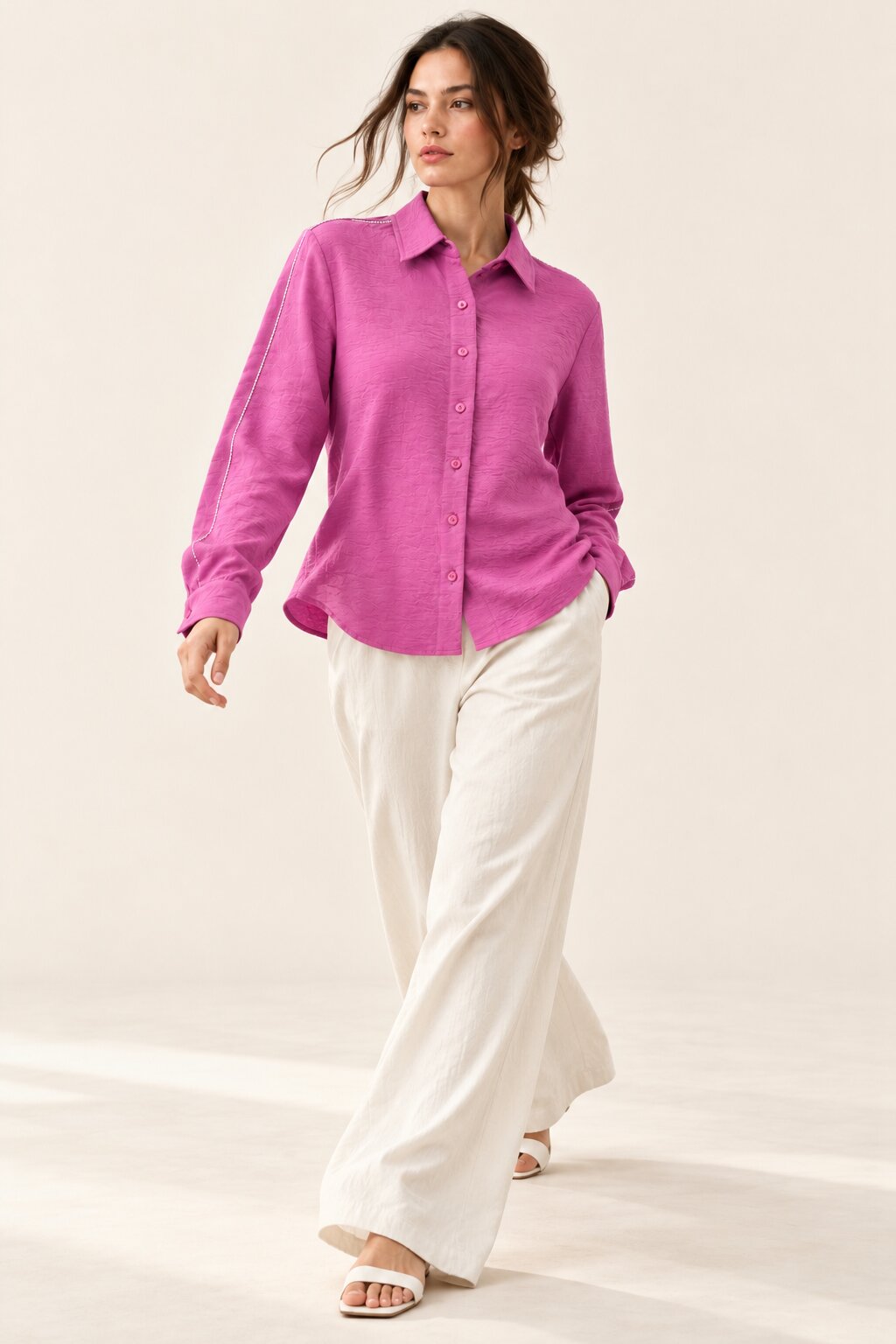 Orchid Purple Textured Shirt with White Embroidered Detailing