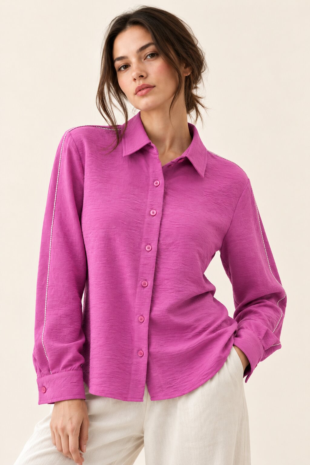 Orchid Purple Textured Shirt with White Embroidered Detailing