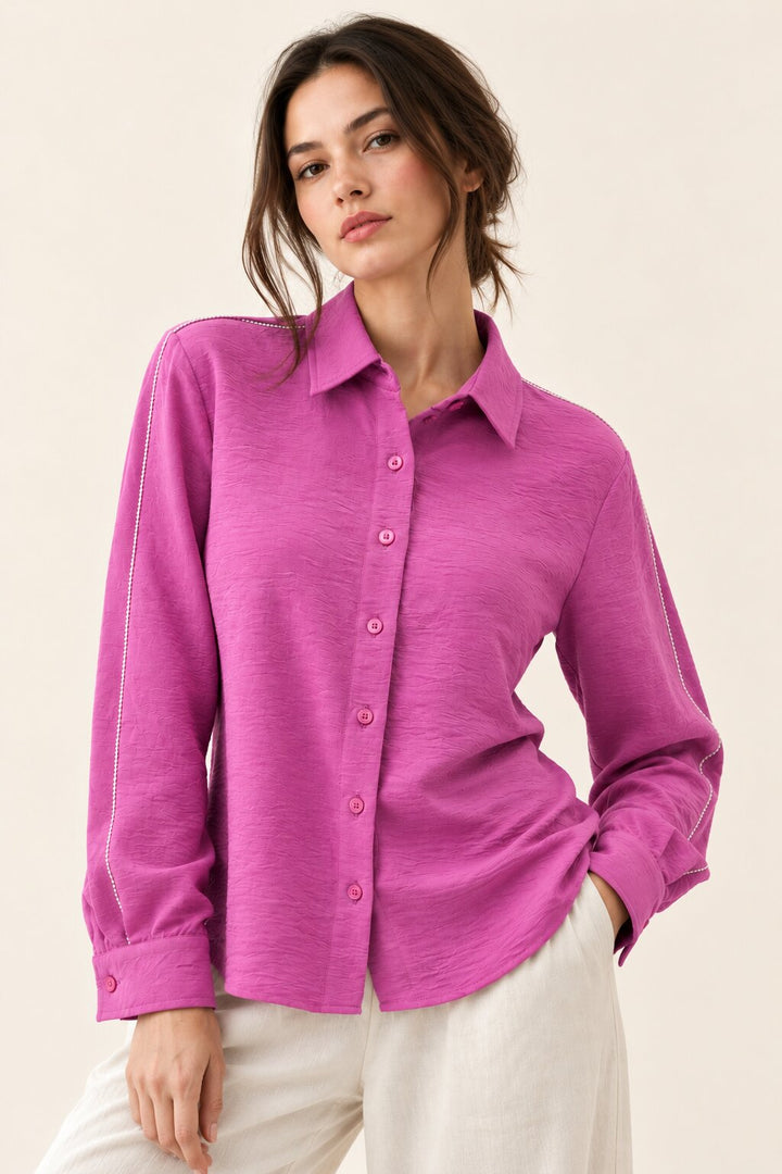 Orchid Purple Textured Shirt with White Embroidered Detailing