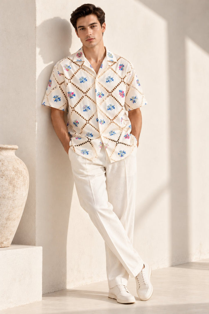 Ivory Floral Embroidered Crochet Shirt