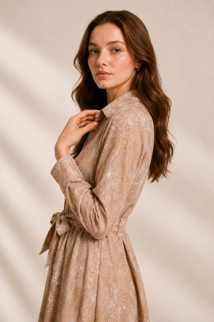 Botanical Cord Embroidered Linen Shirt Dress