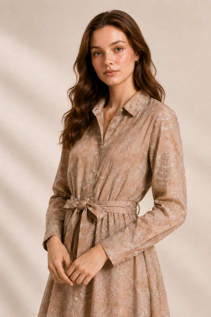 Botanical Cord Embroidered Linen Shirt Dress