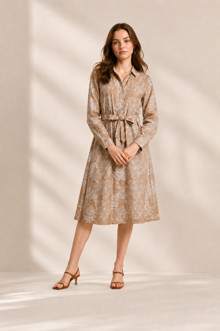 Botanical Cord Embroidered Linen Shirt Dress