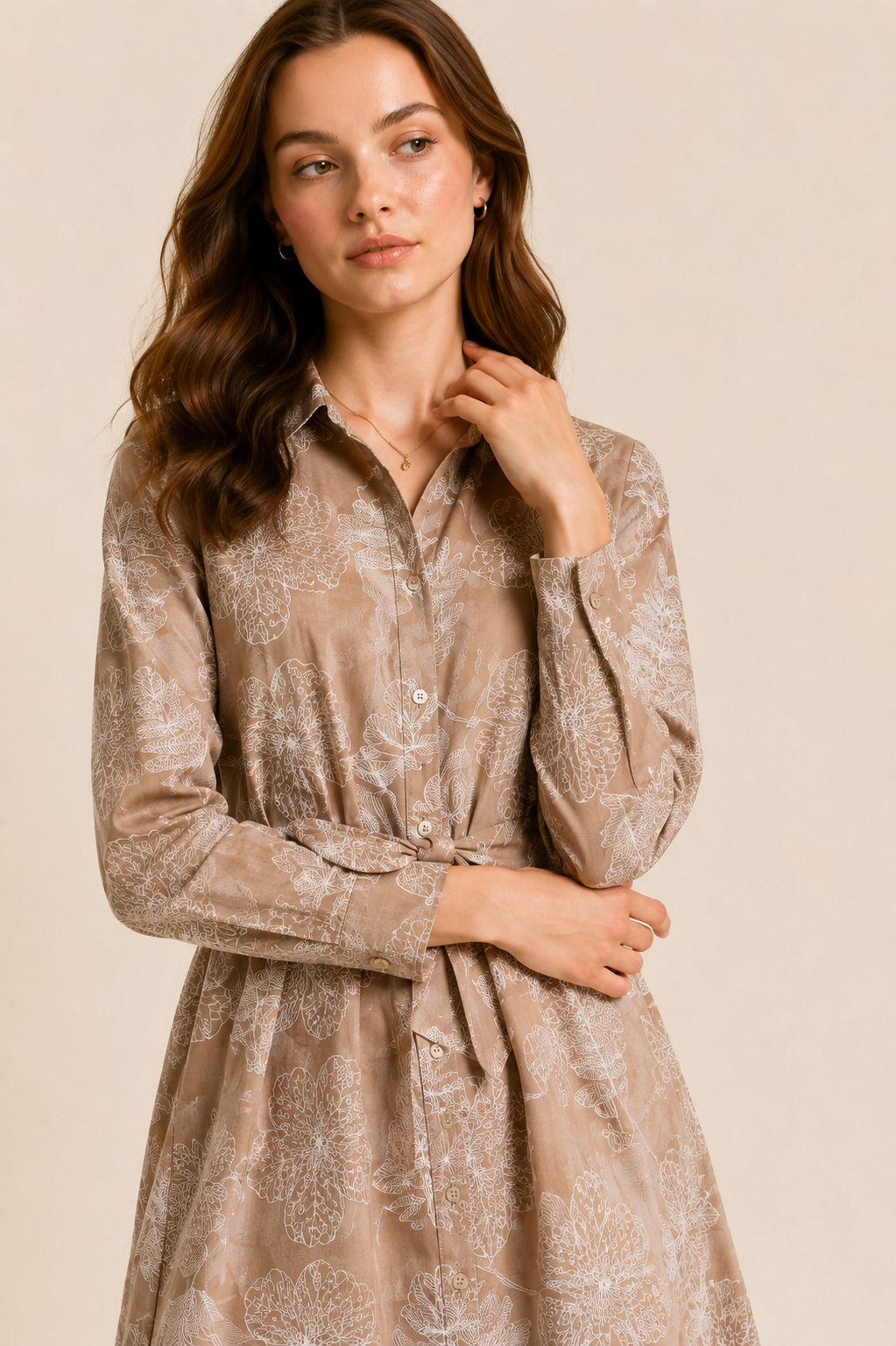 Botanical Cord Embroidered Linen Shirt Dress