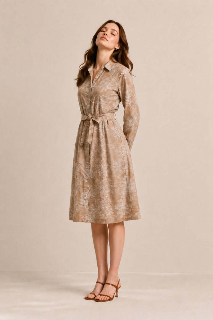 Botanical Cord Embroidered Linen Shirt Dress