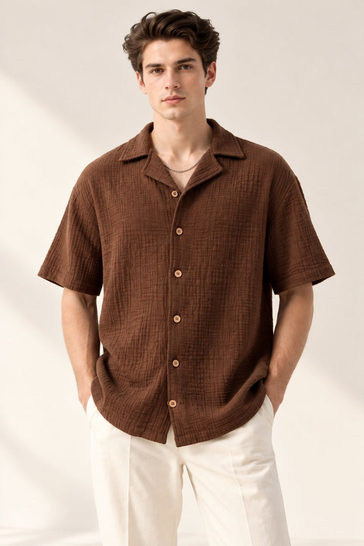 Chocolate Brown Textured Short Sleeve Shirt