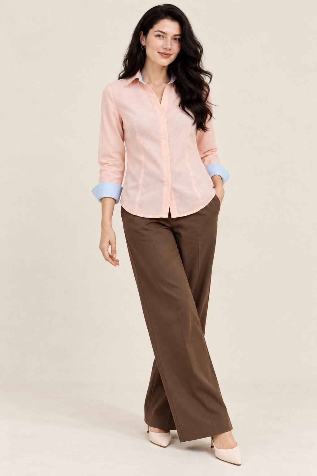 Peach Pink Shirt with Blue Contrast Cuffs