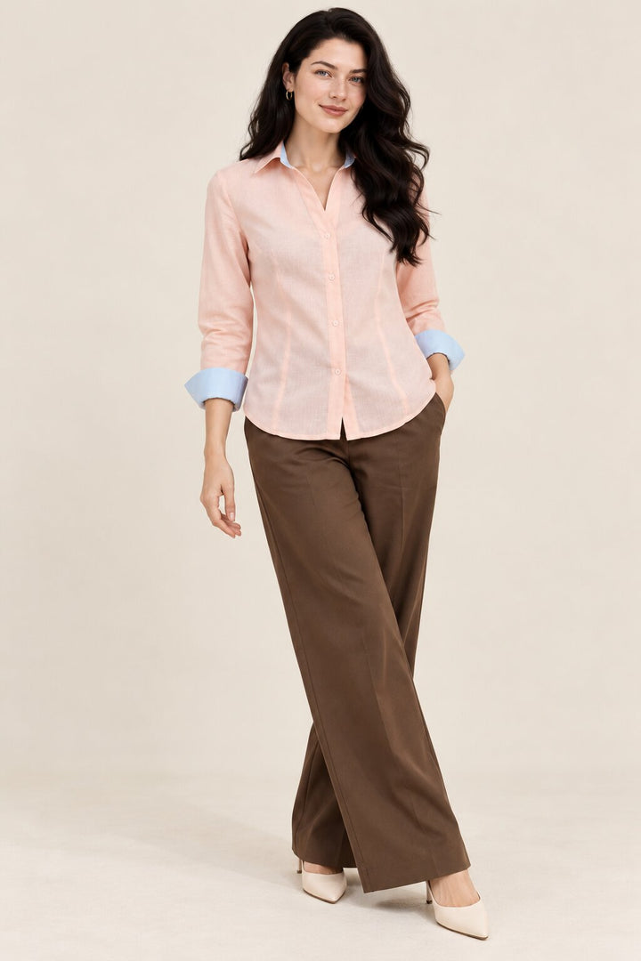 Peach Pink Shirt with Blue Contrast Cuffs
