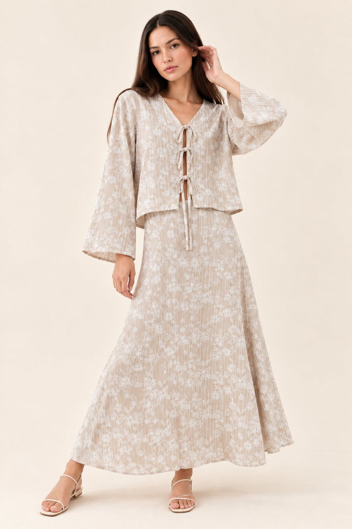 Taupe Floral Stripe Tie-Front Top and Maxi Skirt Co-Ord Set