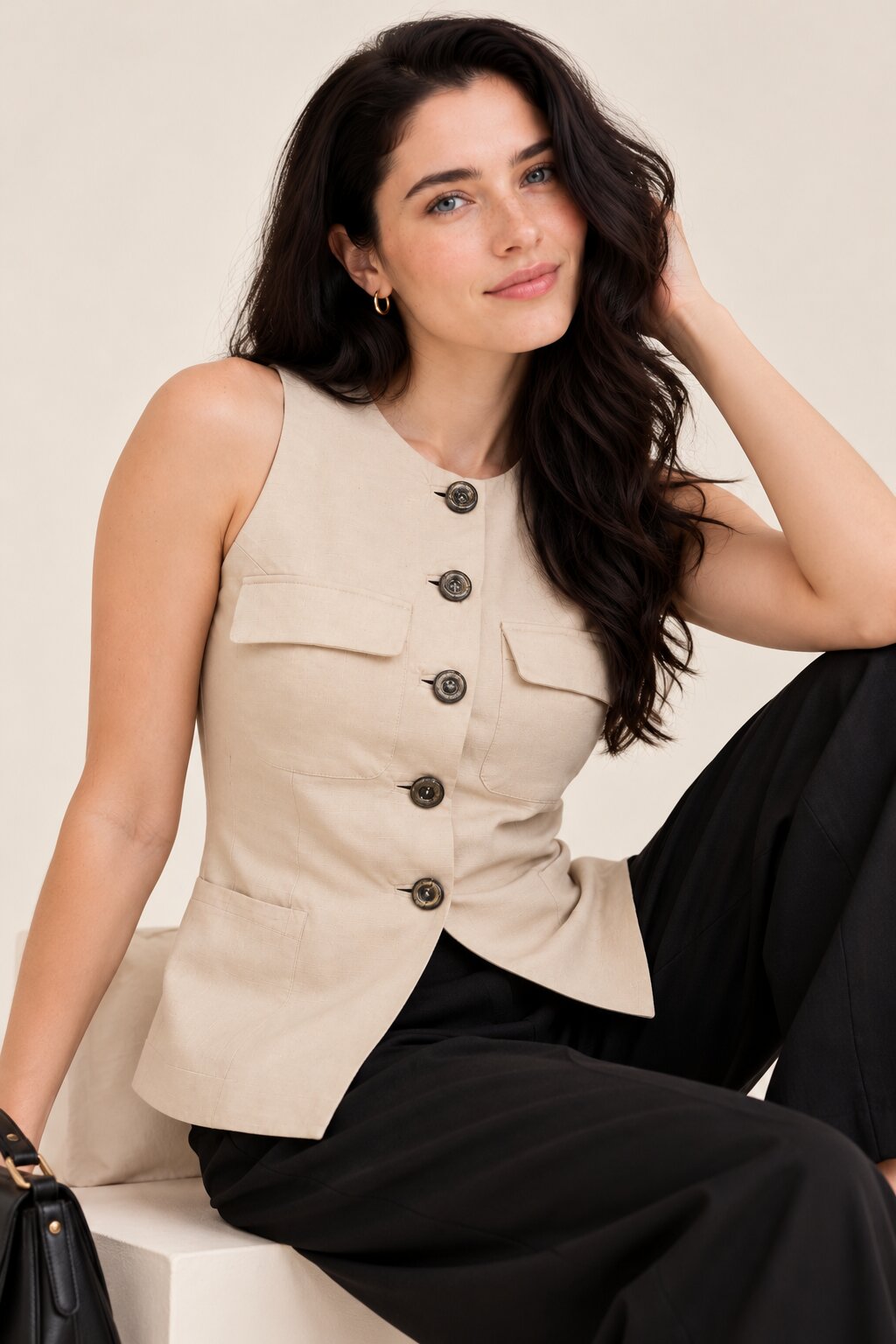 Beige Sleeveless Button-Front Vest