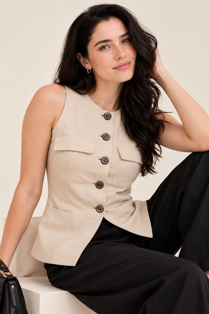 Beige Sleeveless Button-Front Vest