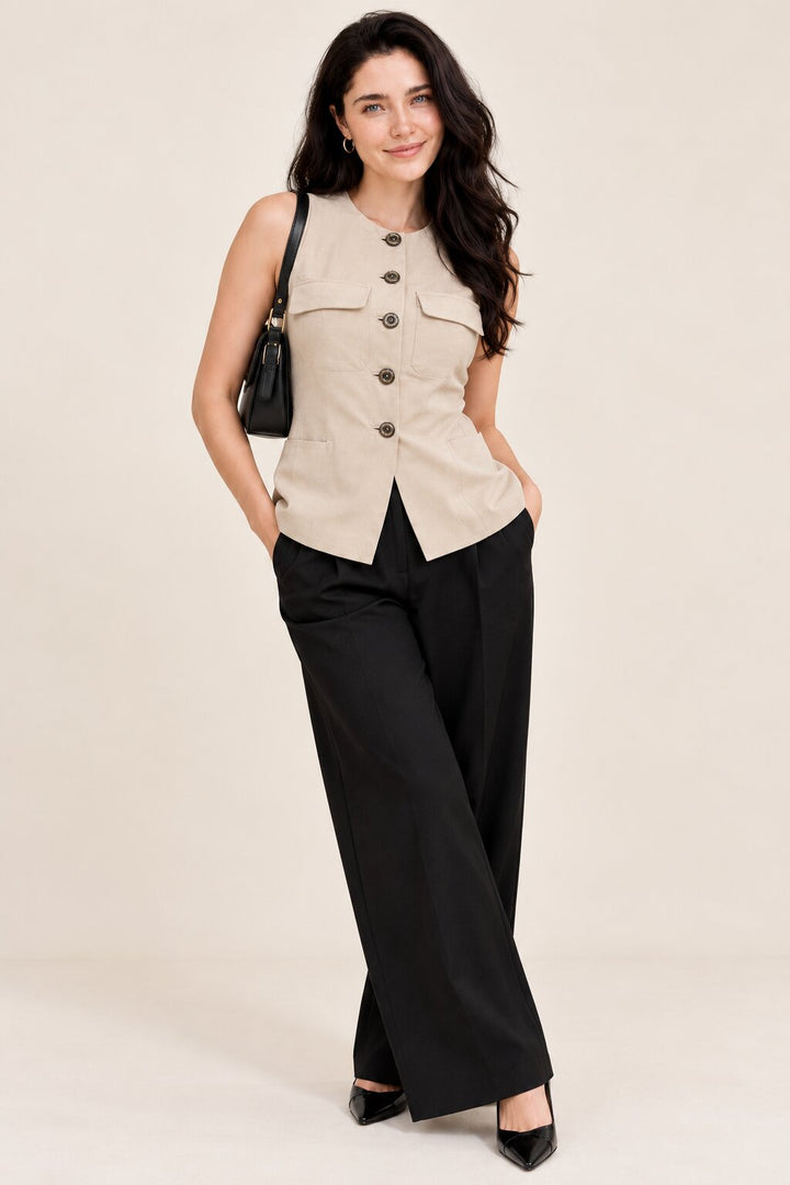 Beige Sleeveless Button-Front Vest
