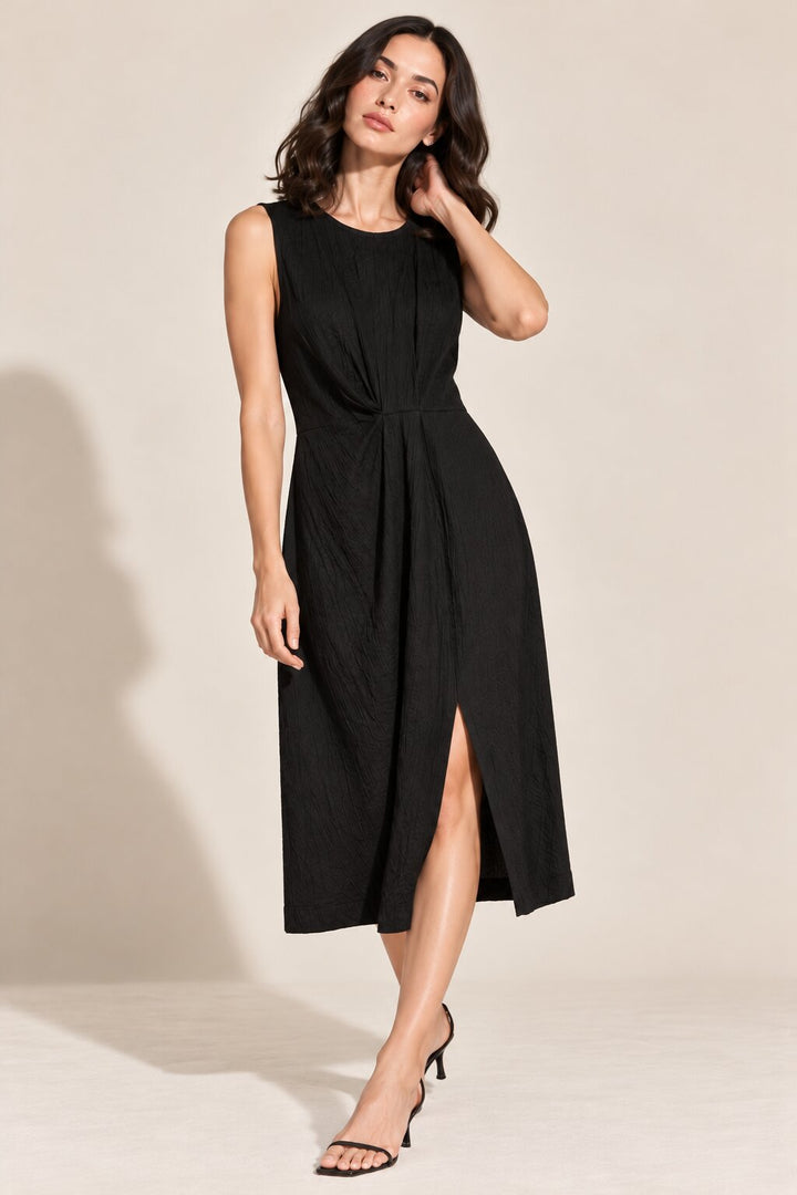 Black Textured Sleeveless Midi Dress