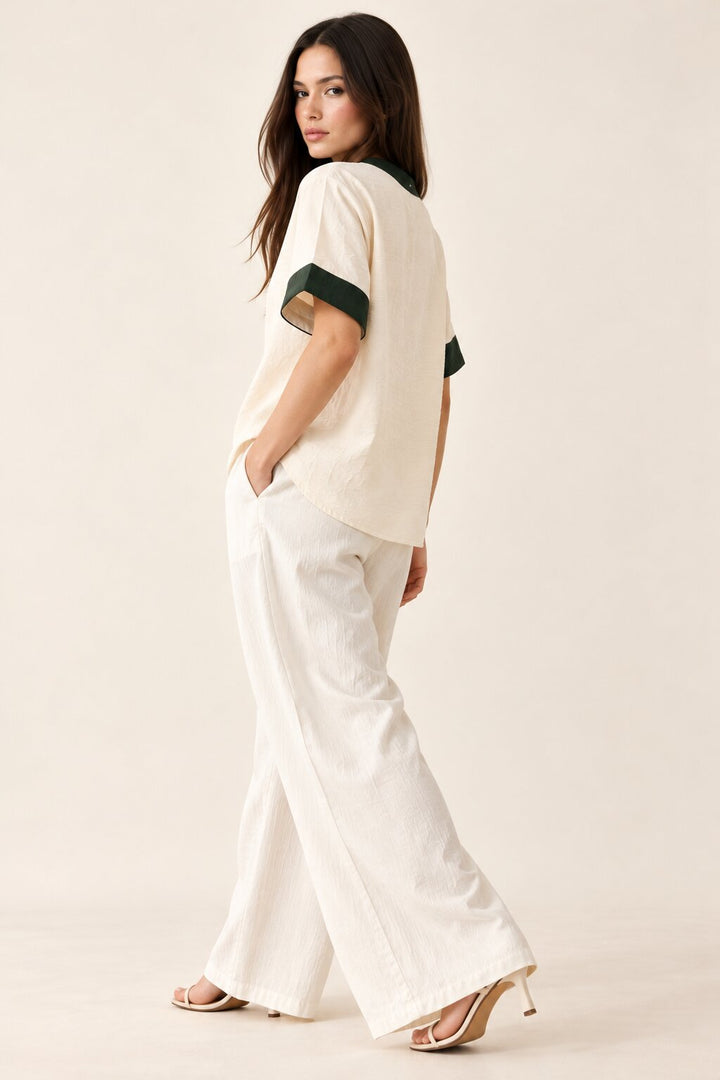 Ivory Relaxed Fit Top with Contrast Green Collar and Cuffs