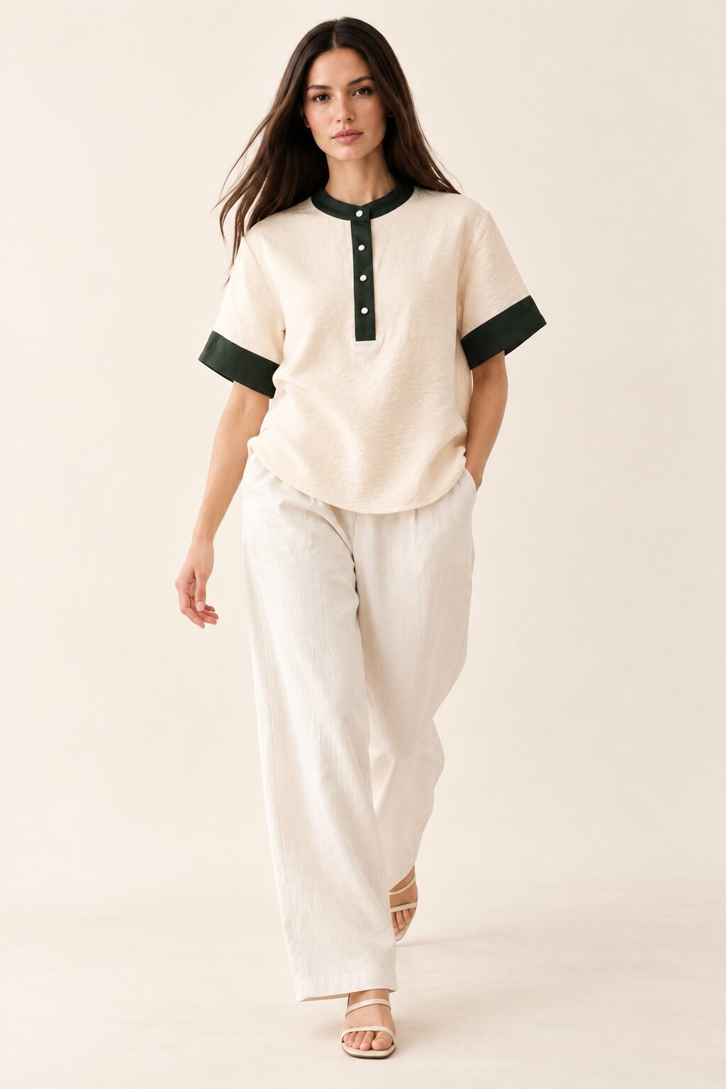 Ivory Relaxed Fit Top with Contrast Green Collar and Cuffs