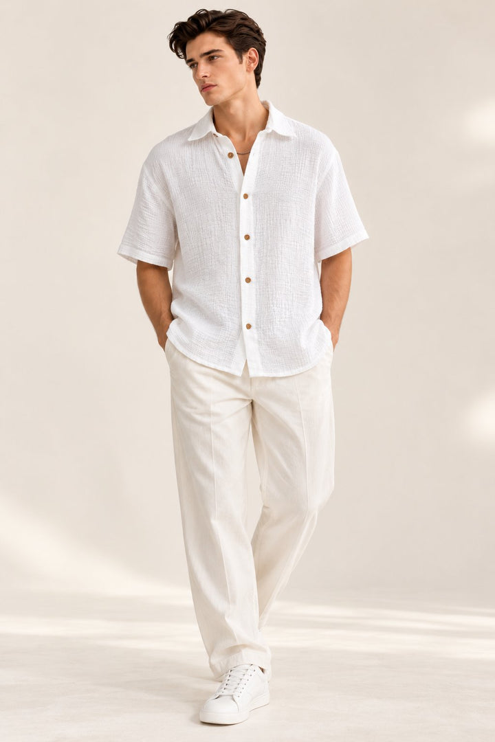 White Crinkle Textured Short Sleeve Shirt