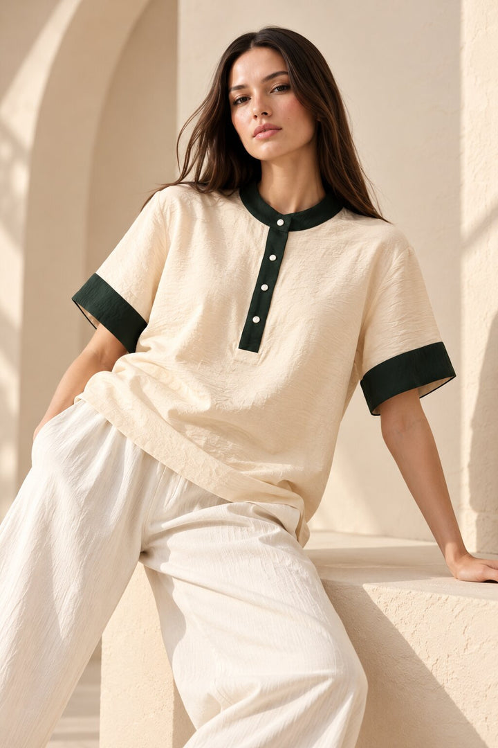 Ivory Relaxed Fit Top with Contrast Green Collar and Cuffs