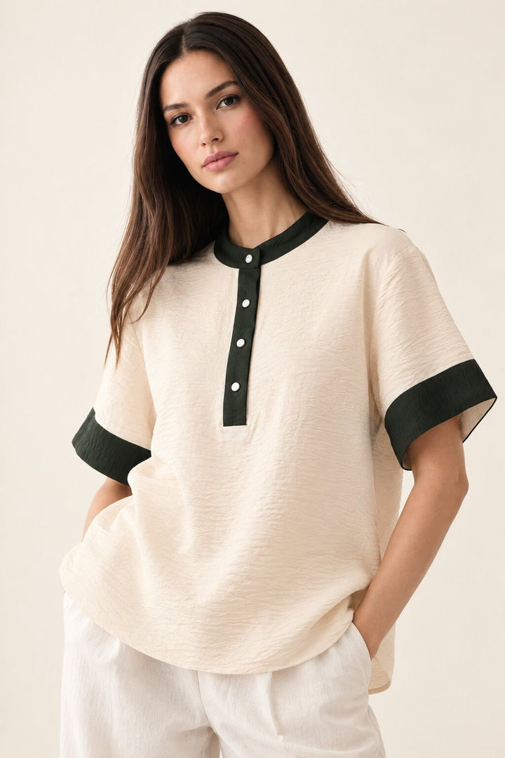 Ivory Relaxed Fit Top with Contrast Green Collar and Cuffs