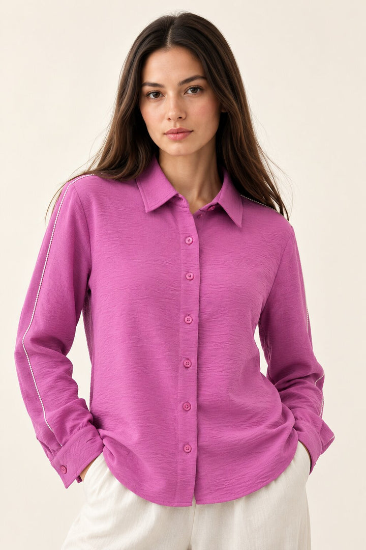 Orchid Purple Textured Shirt with White Embroidered Detailing