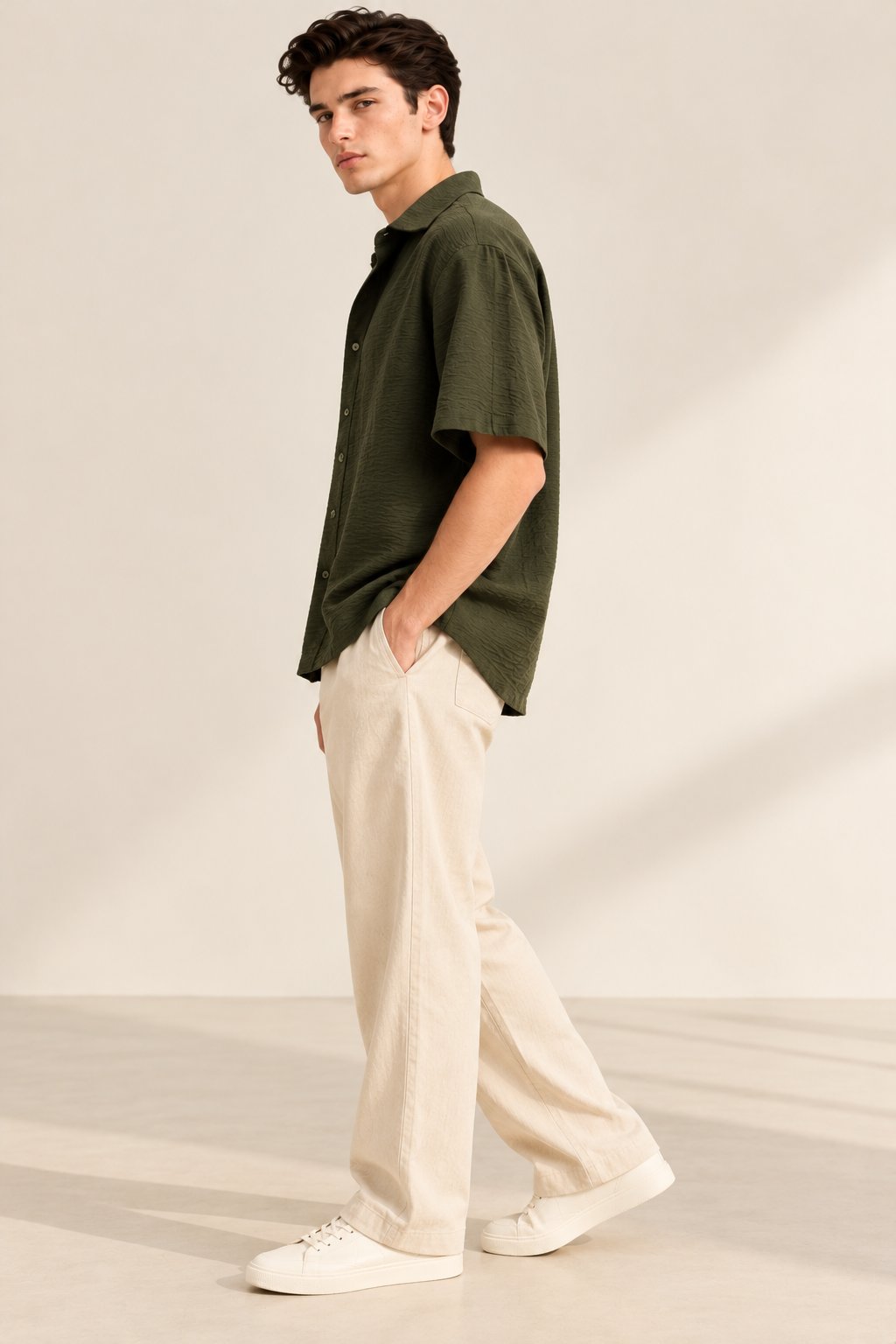 Olive Green Crinkle Textured Short Sleeve Shirt
