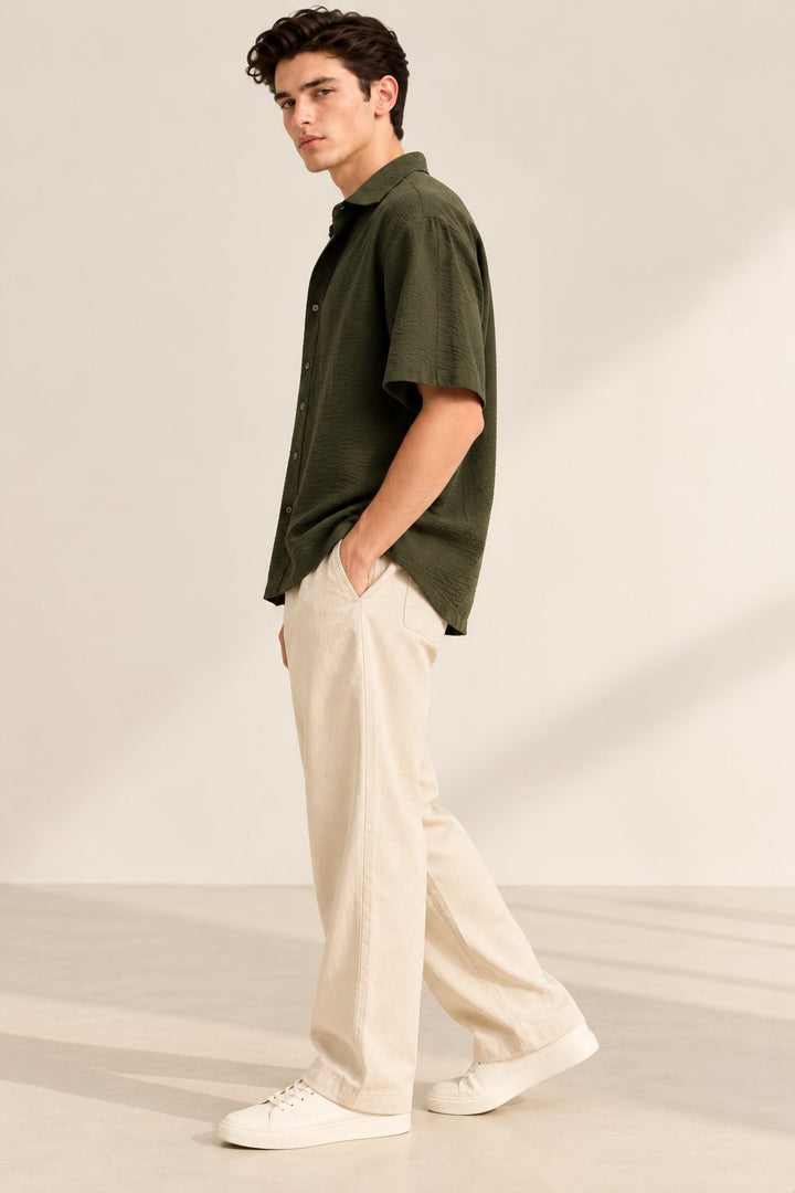 Olive Green Crinkle Textured Short Sleeve Shirt