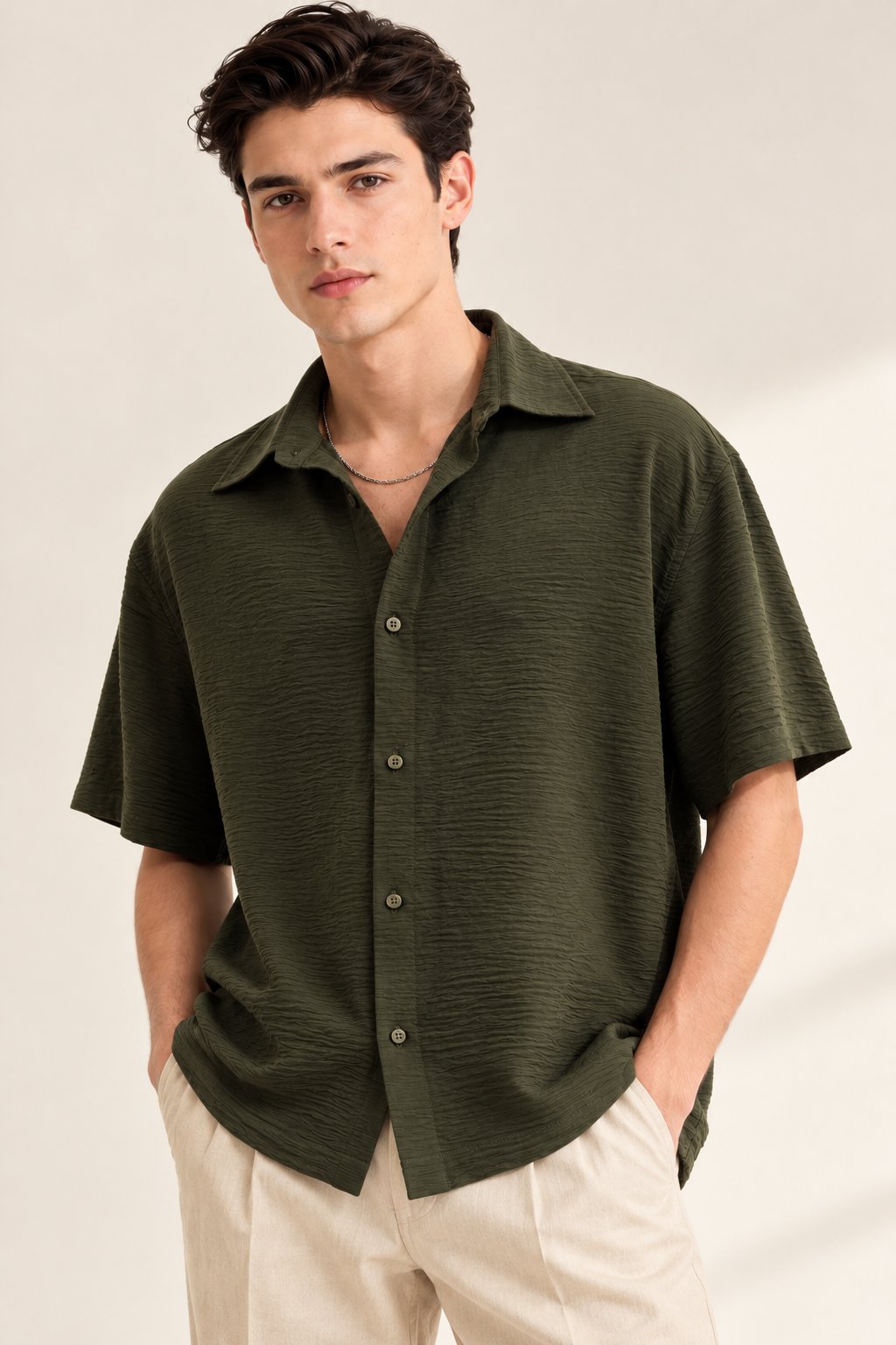 Olive Green Crinkle Textured Short Sleeve Shirt