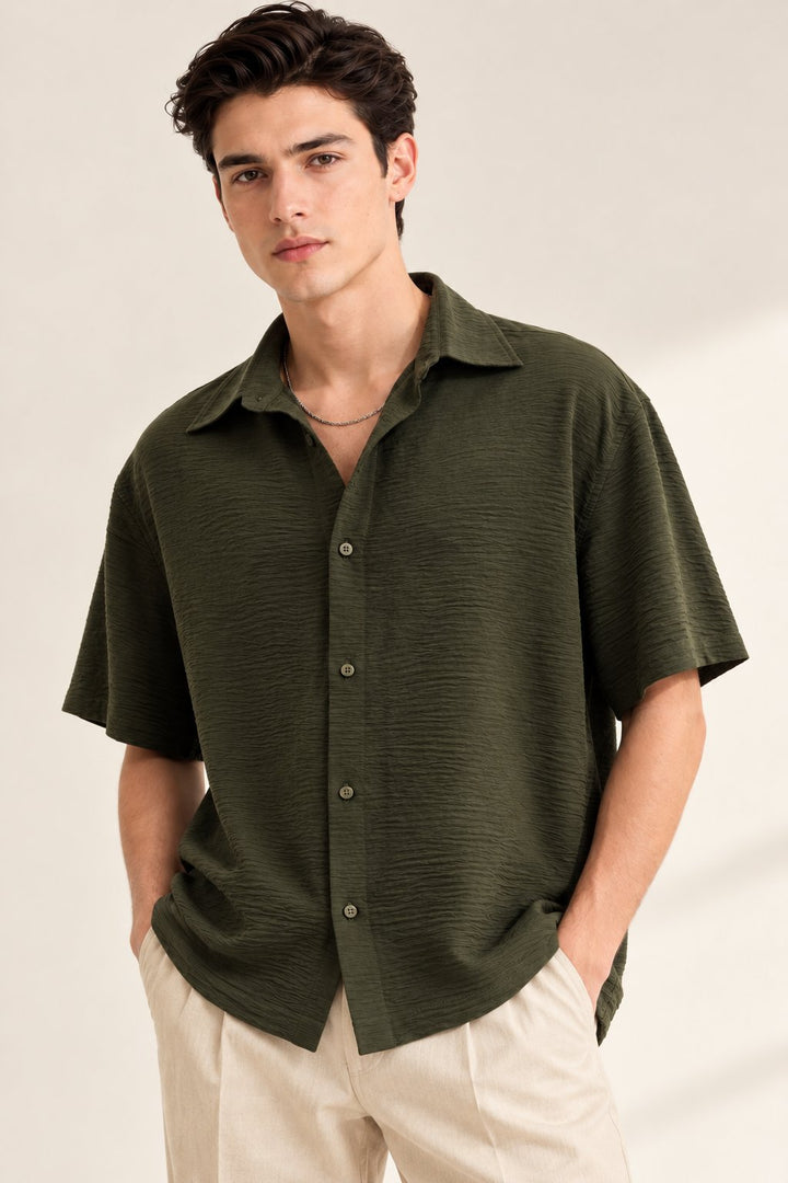 Olive Green Crinkle Textured Short Sleeve Shirt