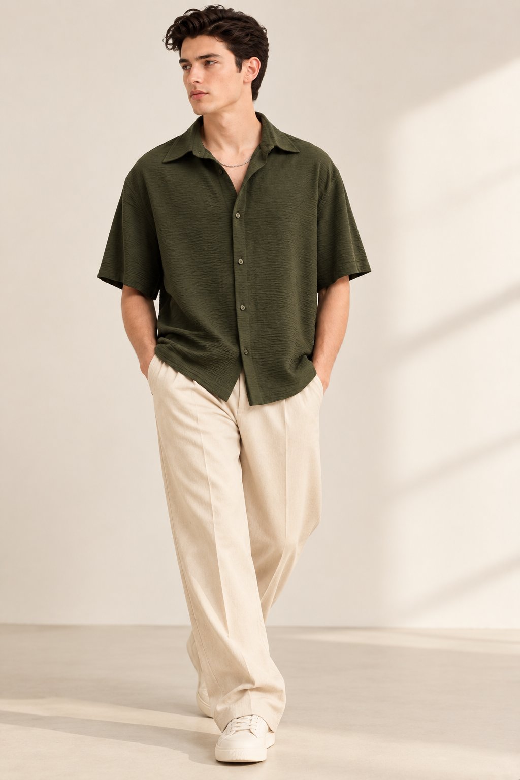 Olive Green Crinkle Textured Short Sleeve Shirt