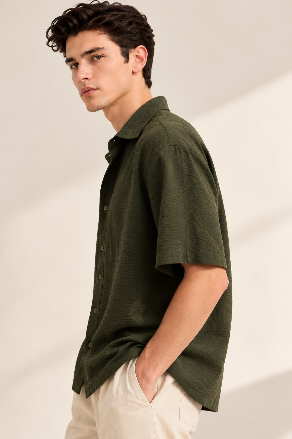 Olive Green Crinkle Textured Short Sleeve Shirt