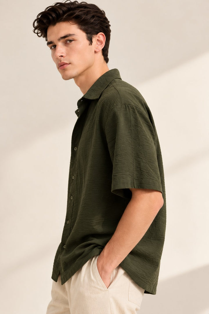Olive Green Crinkle Textured Short Sleeve Shirt