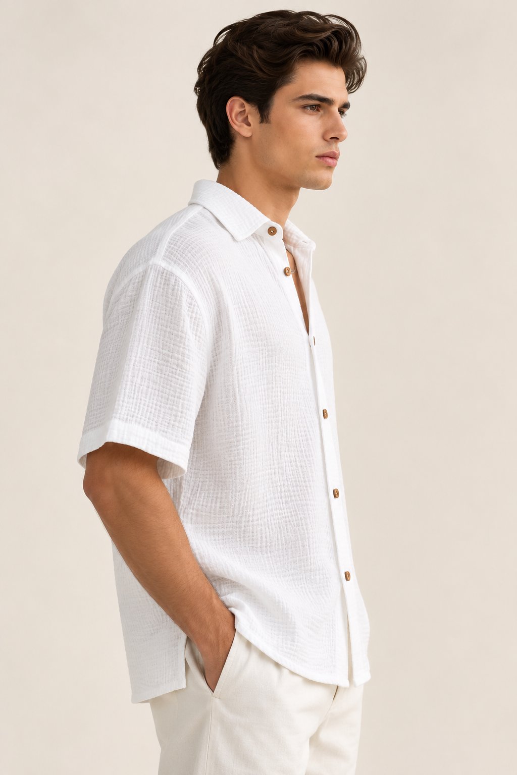 White Crinkle Textured Short Sleeve Shirt